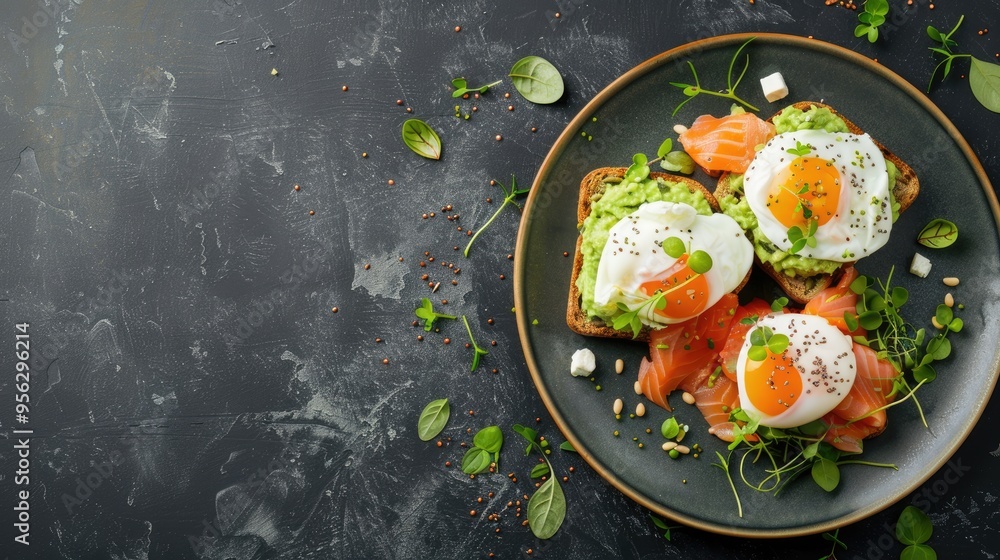 Poster healthy breakfast with poached eggs salmon and guacamole on toast place for text top view