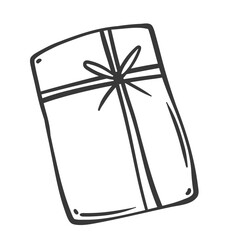 Gift box with bow line icon. Outline retro wrapped paper package with ribbon, top view. Surprise present, happy birthday mascot, hand drawn festive gift with decor for holiday icon vector illustration