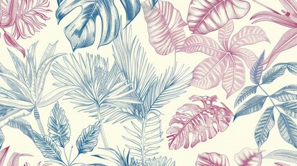 A repeating pattern of detailed botanical line drawings of exotic plants from old-world explorations, colored in subdued tropical hues.