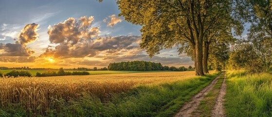 Naklejka premium Wheat field along old oak track