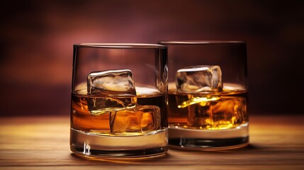 Two whisky glasses on a wooden table glisten under soft light, evoking a cozy, sophisticated atmosphere.