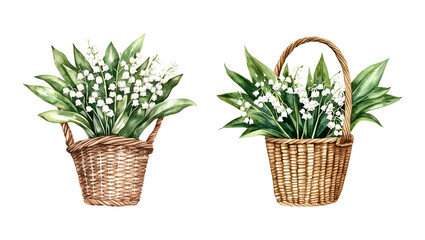 Obraz premium Vintage wicker basket with bouquet lilies of the valley, watercolor clipart illustration with isolated background.