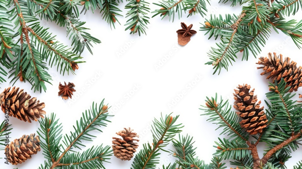 Poster christmas composition frame made of fir tree branches pine cones on white background christmas winte