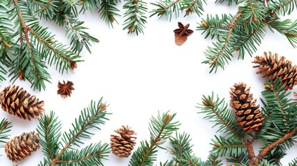 Christmas composition Frame made of fir tree branches pine cones on white background Christmas winter new year concept Flat lay top view copy space
