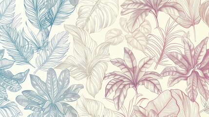 A repeating pattern of detailed botanical line drawings of exotic plants from old-world explorations, colored in subdued tropical hues.