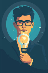 Smart Businessman Holding Glowing Lightbulb, Illuminating Path for Colleague Lost in the Dark, Symbolizing Creativity and Problem-Solving