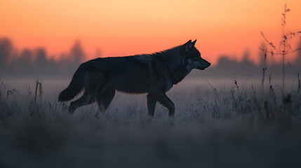 Naklejka premium Wolf Silhouette at Sunset in a Frozen Field