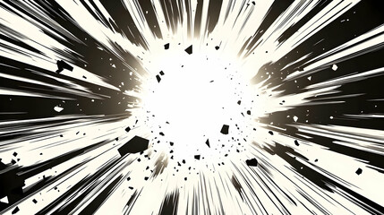 Black and White Abstract Explosion with Radial Lines and Particles