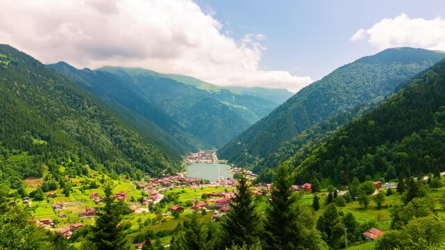 Trabzon Uzungol timelapse 4k video with motion of the clouds over the mountains. Visit Turkey concept video.