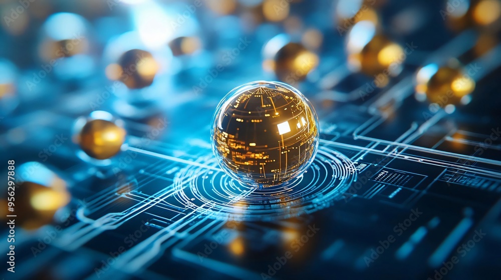 Poster a futuristic close-up of a golden sphere surrounded by digital circuits, symbolizing technology and 