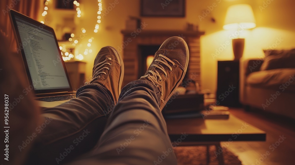 Poster A person relaxing at home with their feet up on a coffee table in front of a fireplace.