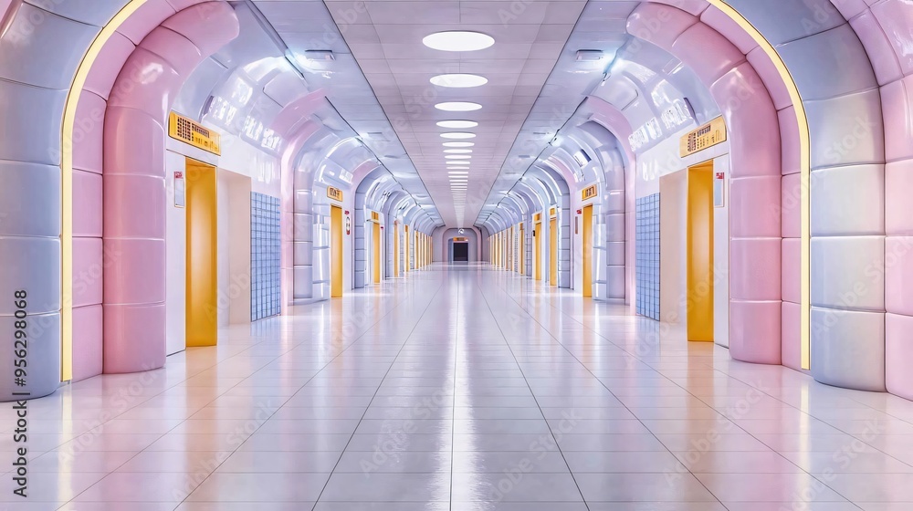 Poster a modern hallway featuring vibrant arches and elegant elevators, creating a unique and visually appe