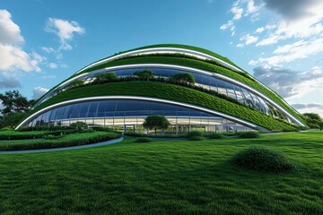 Fototapeta premium A modern green building featuring an innovative design with lush vegetation, set against a clear blue sky and vibrant landscape.
