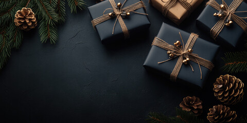 Christmas background with gift boxes wrapped in black and gold paper, decorated with fir branches and golden pine cones on a dark background. Banner. Copy space. .Flat lay, top view. Mock up
