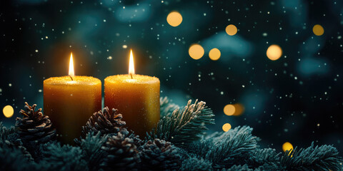 Two christmas candles burning brightly on a snowy surface with pine branches, pine cones, and string lights against a dark blue background with falling snow. Banner. Copy space