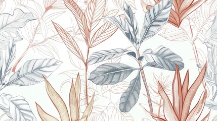 A repeating pattern of detailed botanical line drawings of exotic plants from old-world explorations, colored in subdued tropical hues.