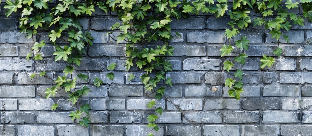 Aufkleber gray brick wall with grapevine leaves providing texture ideal for copy space image