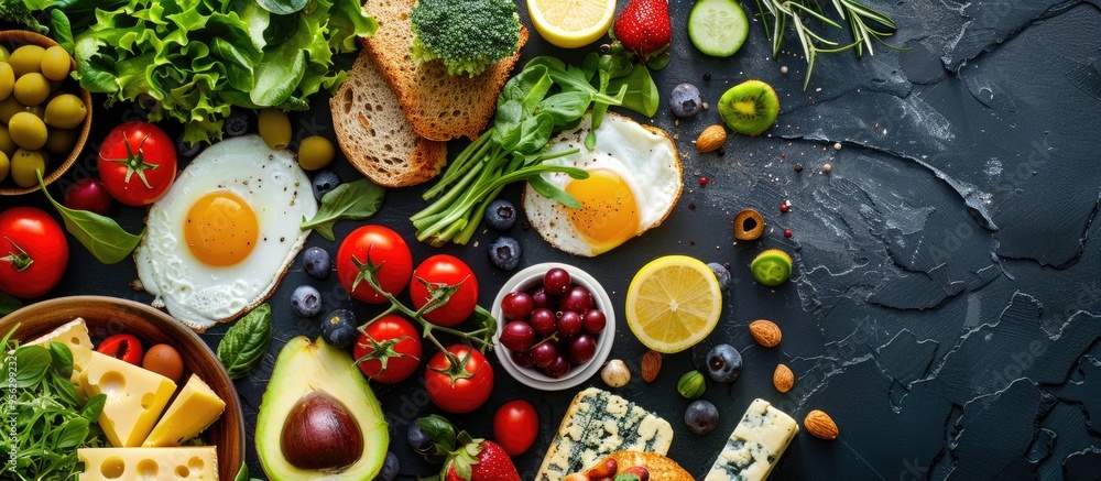 Poster a delicious flat lay breakfast arrangement with fruits salad egg bread vegetables cheese and berries
