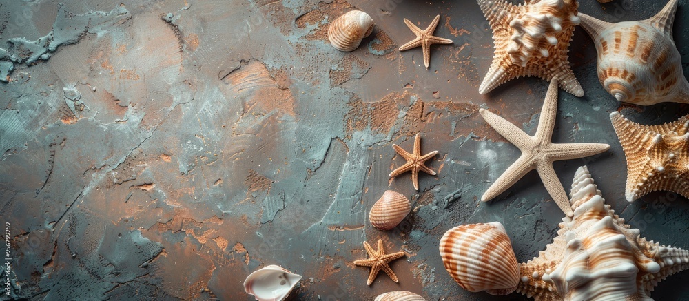 Poster a beach themed summer concept featuring sea shells or starfish on a table with ample copy space imag