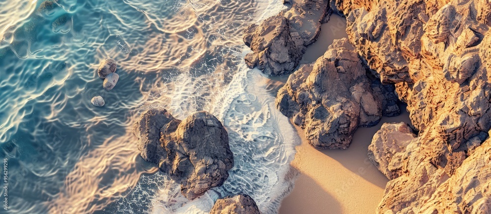 Fototapete top view of a rocky seashore with sandy texture and yellow desert dunes in the background ideal for 