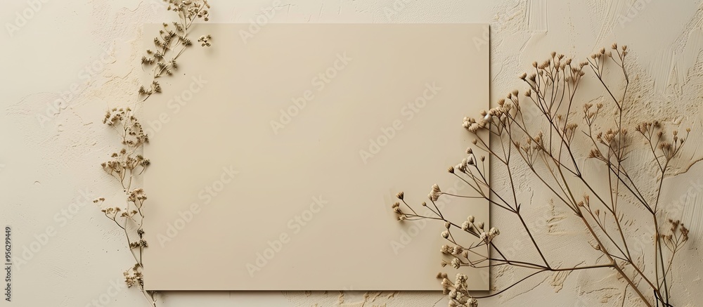 Leinwandbilder from an overhead view a blank sheet of paper with a floral design on a beige background is available