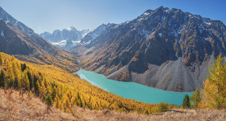Picturesque autumn landscape, lake in the Altai Mountains, sunny day