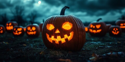 Obraz premium An eerie yet captivating Halloween scene featuring a field filled with glowing jack-o’-lanterns under a moody, darkening sky. 