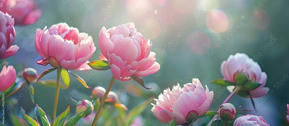 Aufkleber A beautiful close up image of pink peonies blooming in a spring garden with a green background and lovely bokeh effects for copy space image