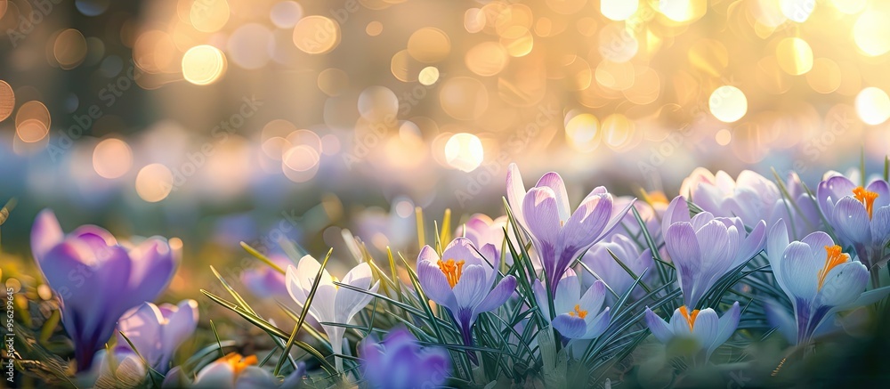 Poster A vibrant spring scene with a mixture of crocuses in the morning light outdoors creating a beautiful background with bokeh effect perfect for a copy space image