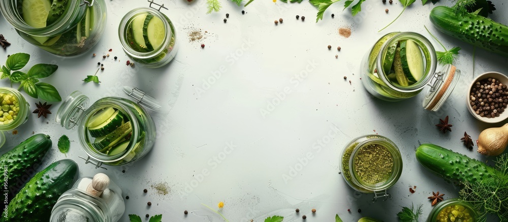 Aufkleber On a white table there are pickles in jars surrounded by fresh cucumbers and various spices creating a visually appealing copy space image