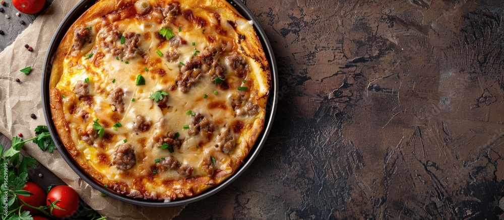 Poster A delicious Khachapuri cake with cheese and meat fried in a pan highlighting authentic Georgian cuisine displayed on a rustic brown concrete background with an open space for additional content