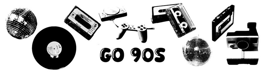 Retro objects Tape Recorders, Audio Cassette, play station, disco ball, vinyl, Polaroid. Collage element of paper for poster, stickers, banner. Cutting shapes grunge vintage face part. Abstract vector