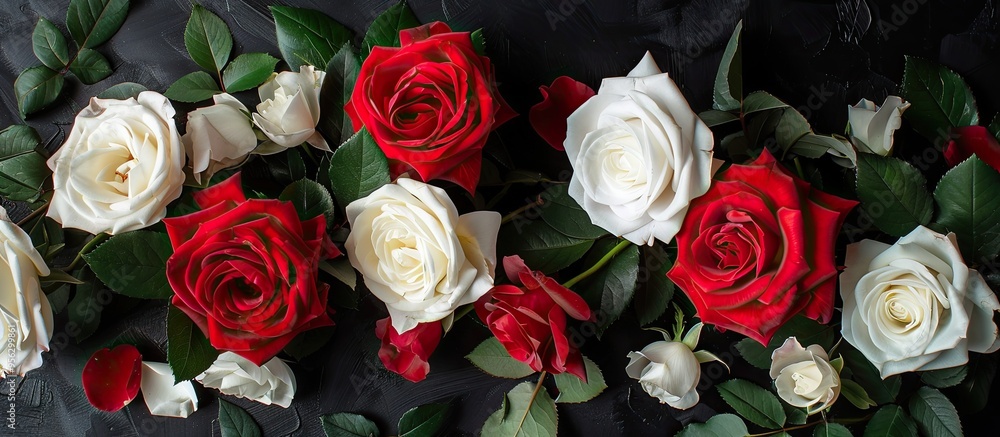 Poster vibrant red and white roses set against a black backdrop perfect for a copy space image