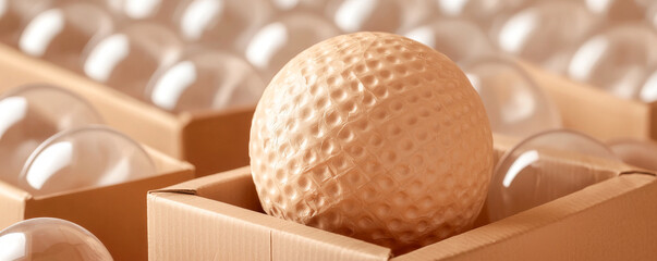 A close-up of a golf ball nestled in a cardboard box among protective bubbles, showcasing modern packaging innovation.