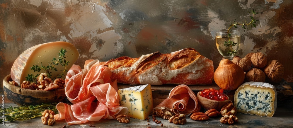 Poster Traditional Mediterranean snacks featuring prosciutto blue cheese baguette walnuts and thyme with a rustic setting and copy space image