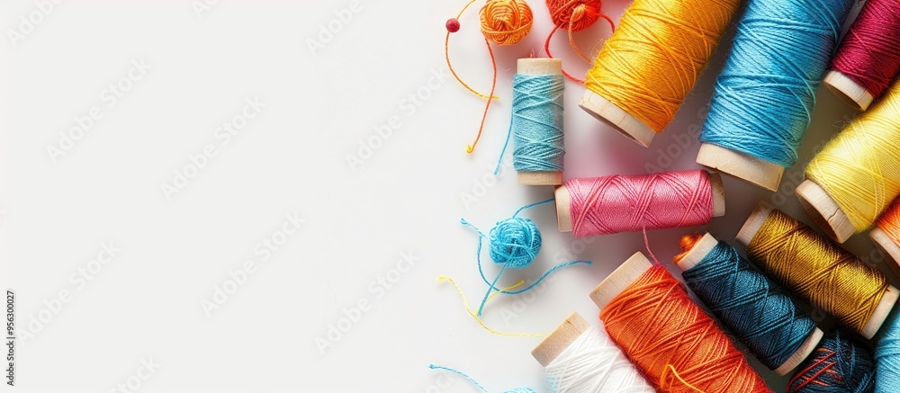 Poster A top down view of vibrant sewing threads against a white backdrop allowing for copy space image