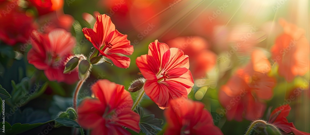 Poster vibrant red geranium or cranesbill flowers blooming in the garden adding a splash of color to the su