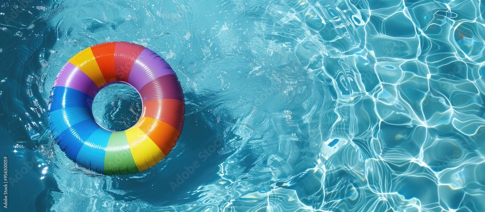 Aufkleber Top view of a colorful rainbow inflatable ring floating in a swimming pool ideal for design projects perfect copy space image for a summer vacation themed hotel spa resort ad showcasing beach and wate