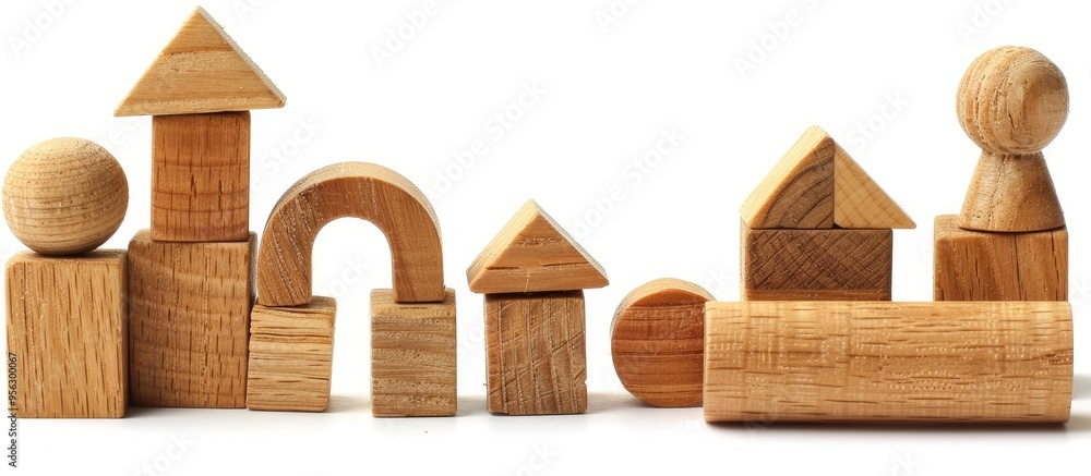 Poster Wooden toys and blocks arranged neatly with an isolated white background perfect for adding text or graphics with copy space image