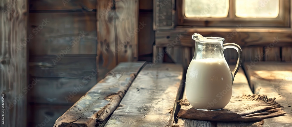 Poster A jug of fresh milk displayed on a rustic wooden table with ample copy space for text