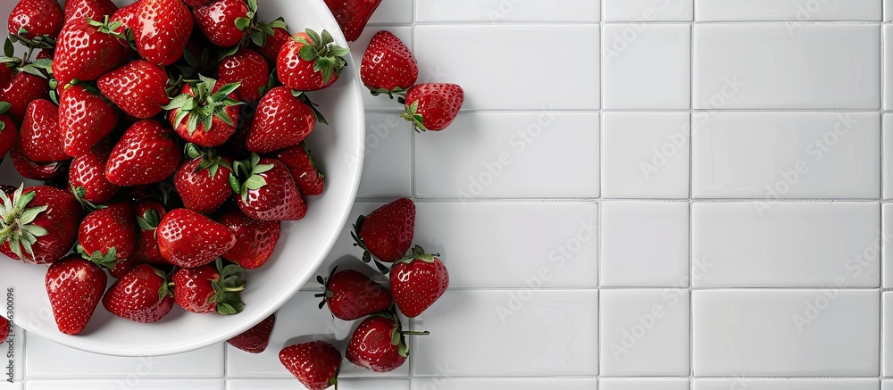 Aufkleber fresh sweet strawberries on a white tile background accompanied by a colander and a plate creating a