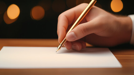 A close-up of a hand holding a golden pen, poised above a blank sheet of paper, creating an atmosphere of creativity and inspiration.