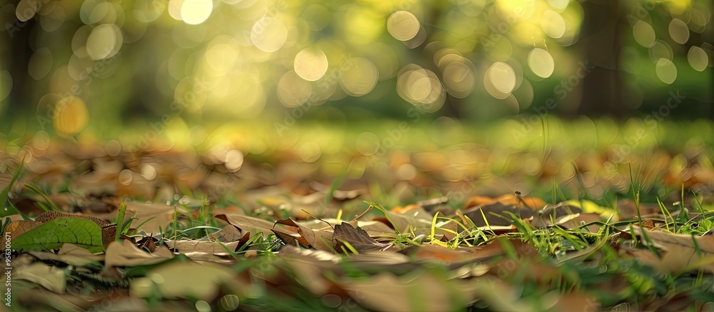 Aufkleber blurry outdoor abstract photography with a defocused view of green nature on the ground showcasing b