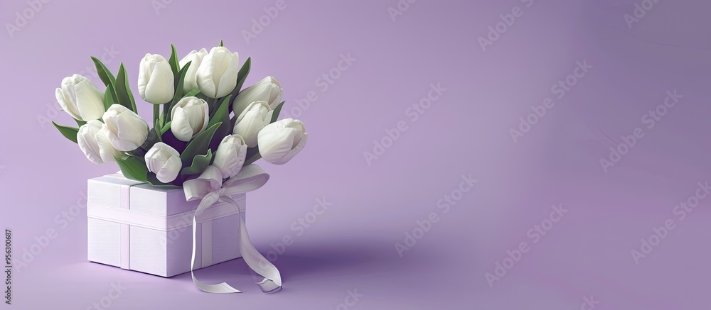 Poster White tulips displayed with a gift box on a lilac background with available copy space image