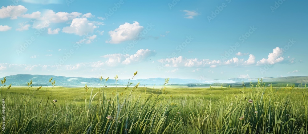 Aufkleber tranquil rural scene with tall grass tiny snails clear blue sky and distant hills perfect for a copy