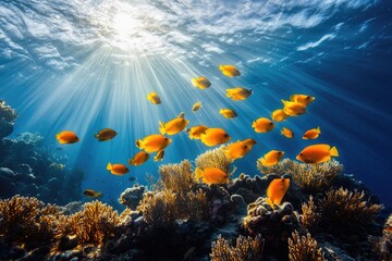 Fototapeta premium Sunbeams illuminate a school of yellow fish and coral reef underwater