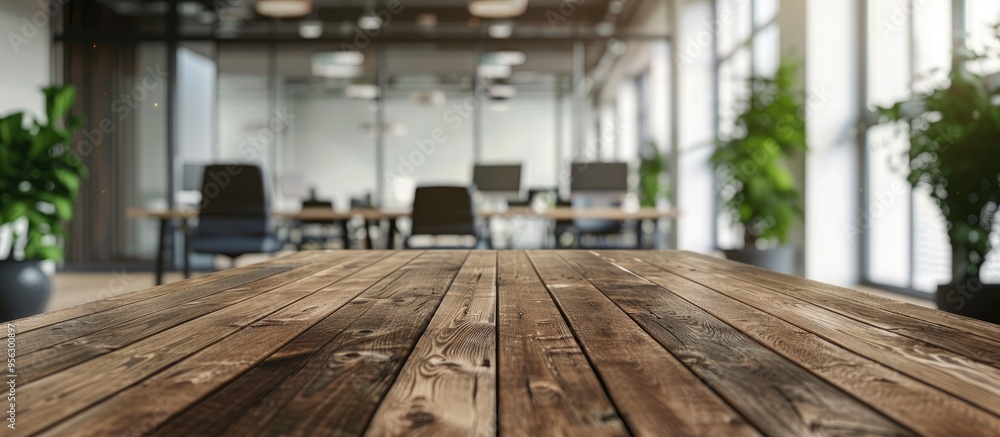Leinwandbilder a wooden office table is positioned in a contemporary office meeting area with a blurry background o
