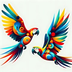Fototapeta premium Abstract art with white background and colorful parrots