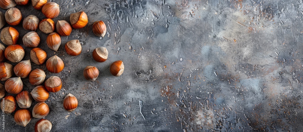 Aufkleber top view of roasted hazelnuts on a gray stone surface with copy space image