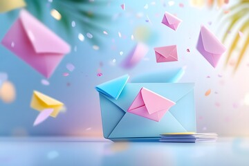 Colorful Envelopes with Confetti on Blue Background.